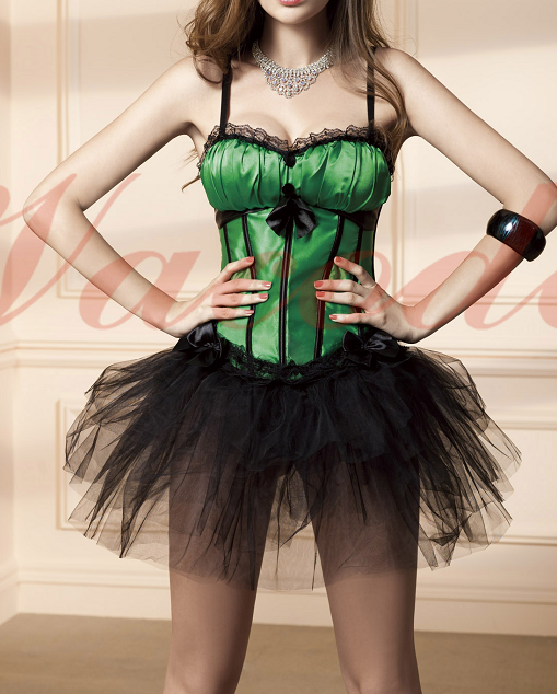 Green Satin Black Vertical Stripes Corset